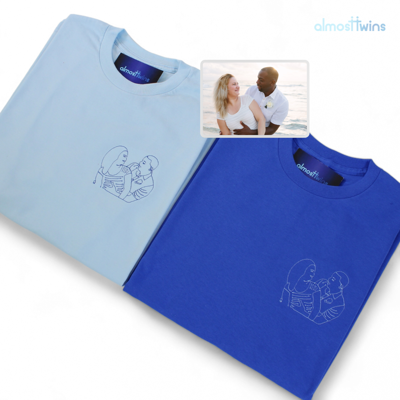Custom memorable couple photo outline Tshirt with initial or special message on the sleeve
