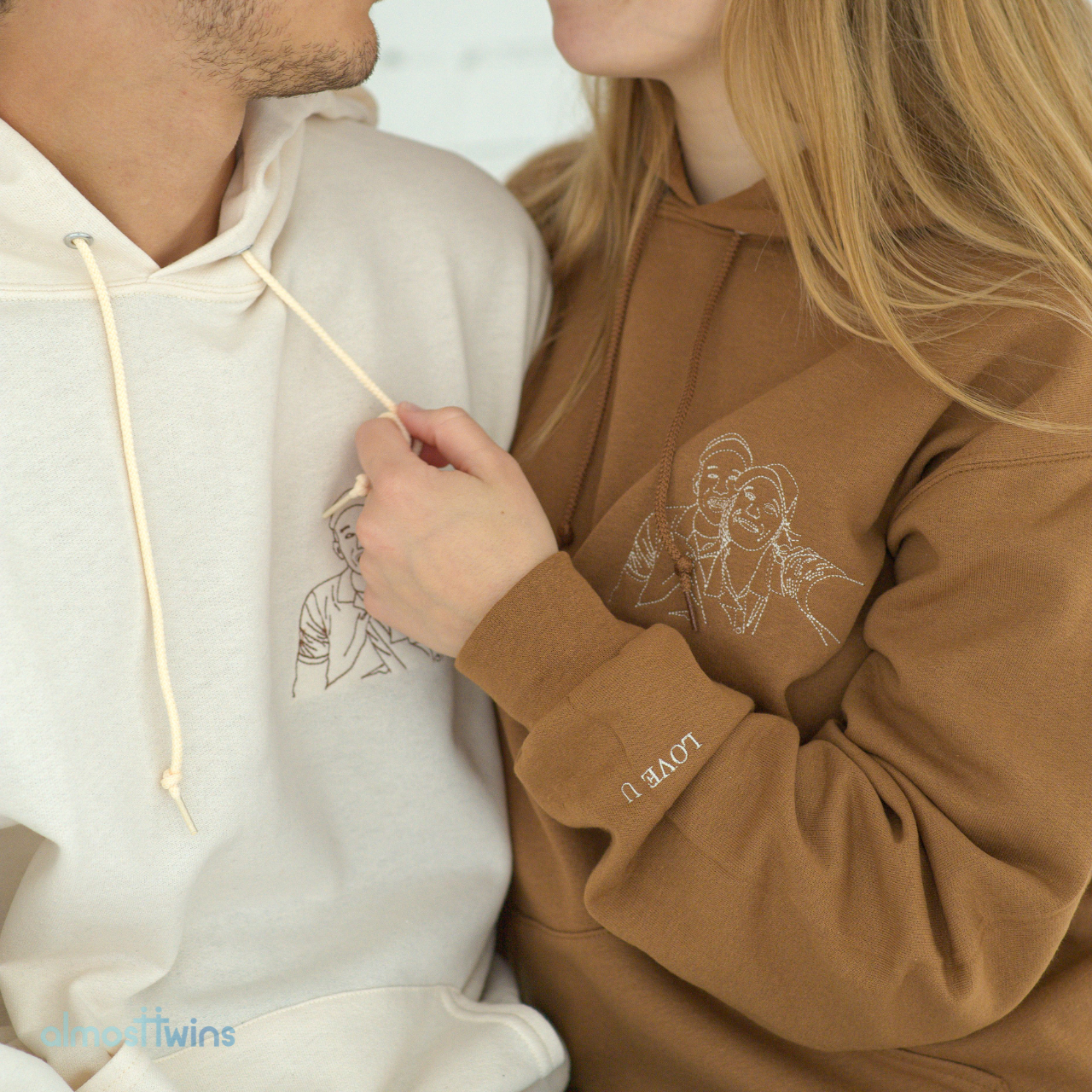 Custom memorable couple photo outline Hoodie with initial or special message on the sleeve
