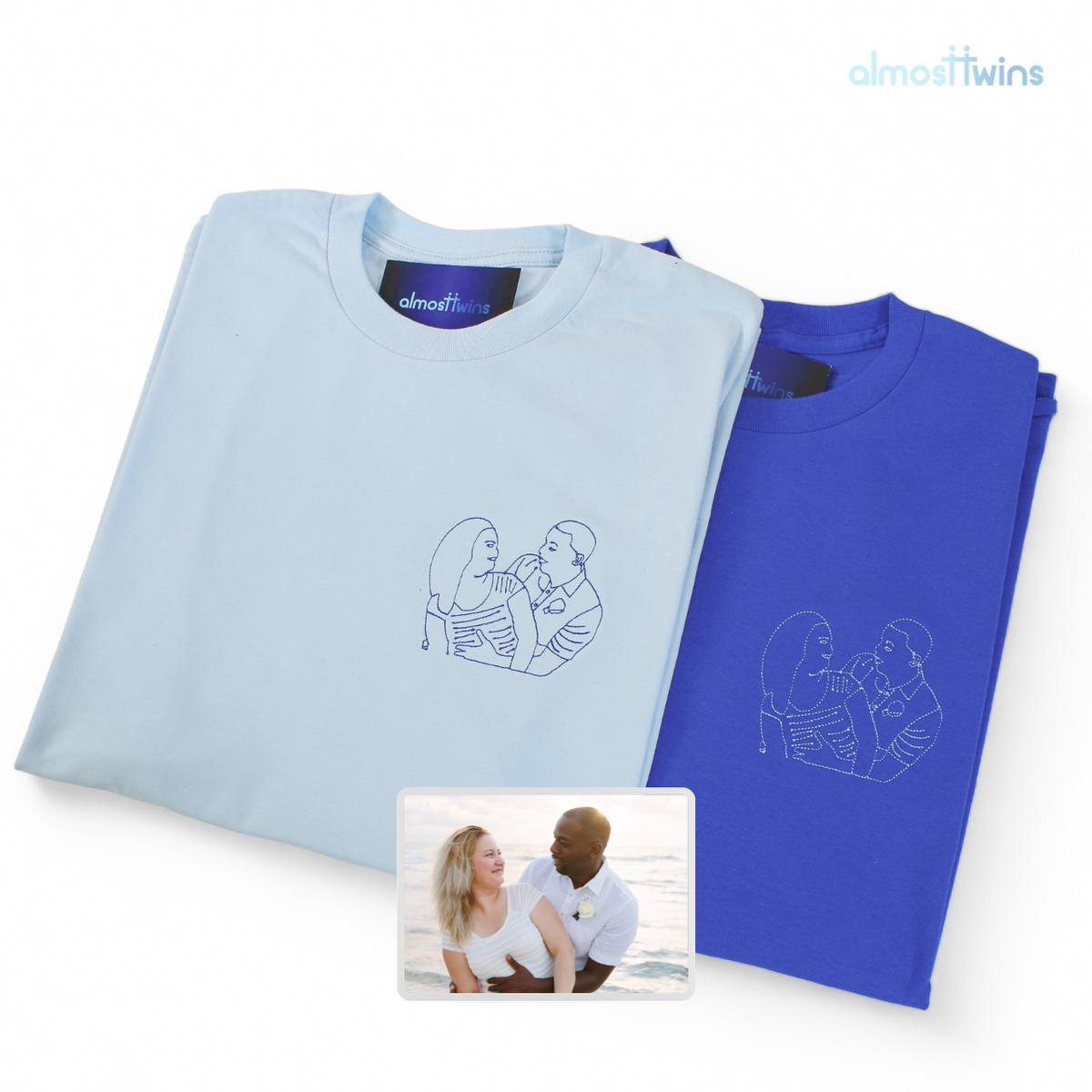 Custom memorable couple photo outline Tshirt with initial or special message on the sleeve