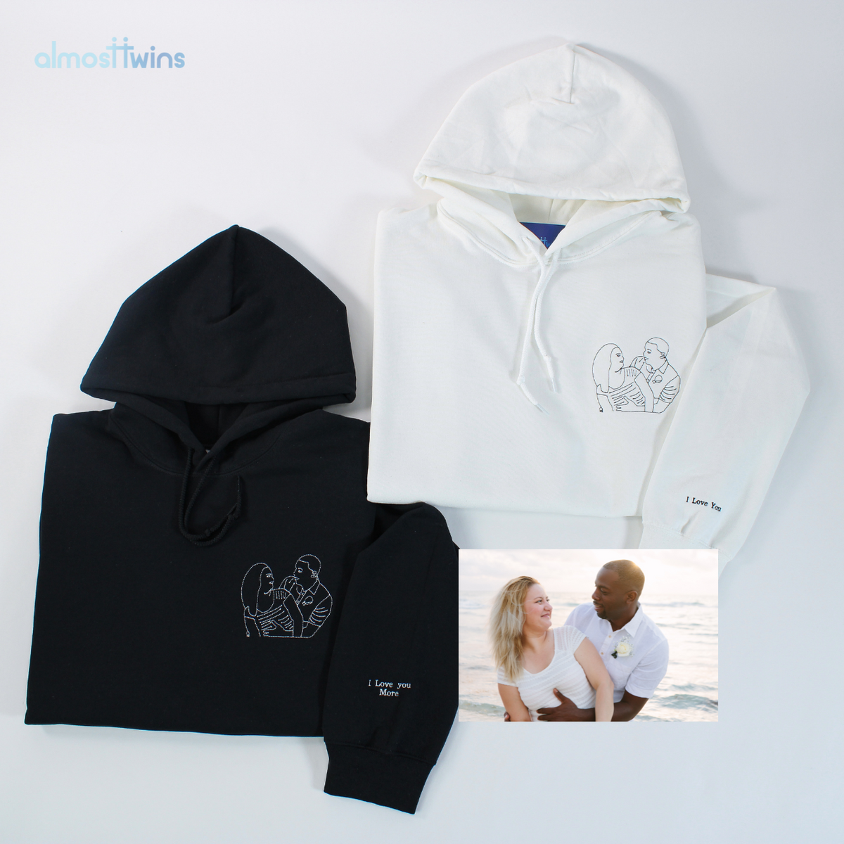 Custom memorable couple photo outline Hoodie with initial or special message on the sleeve