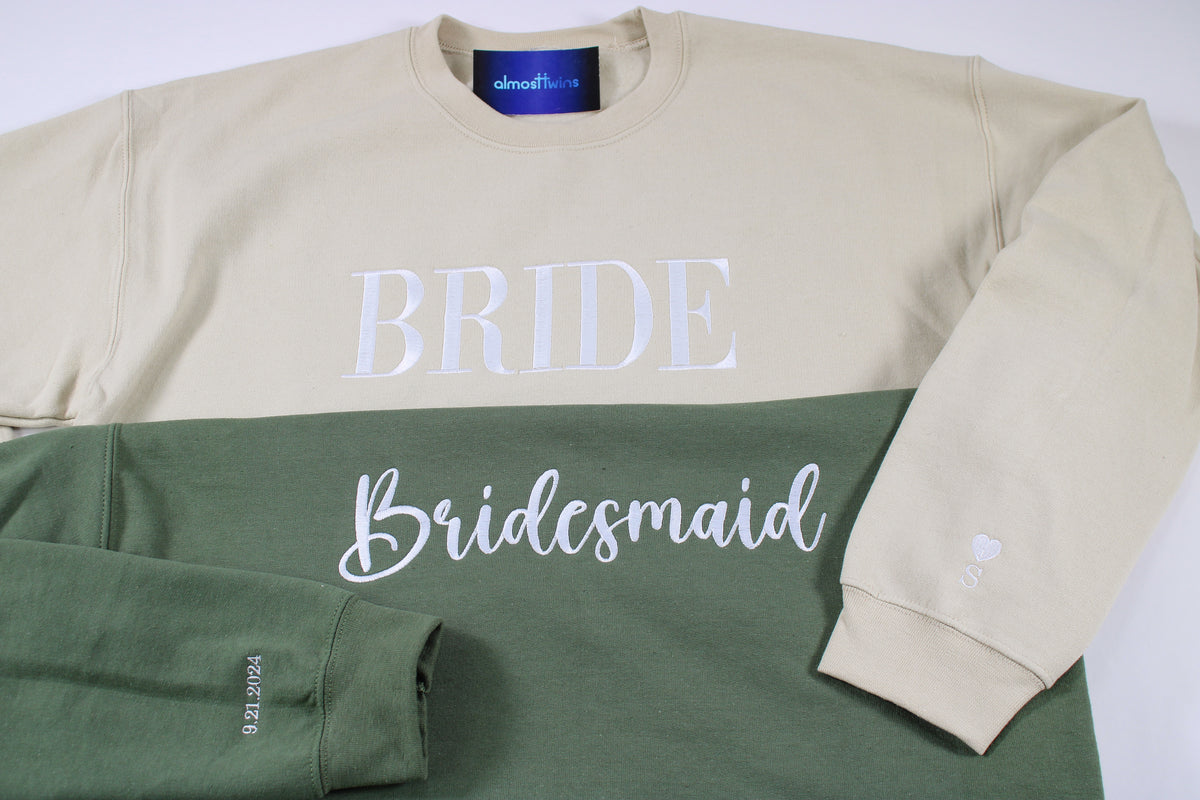 Bride and Bridesmaids matching sweatshirt with custom sleeve
