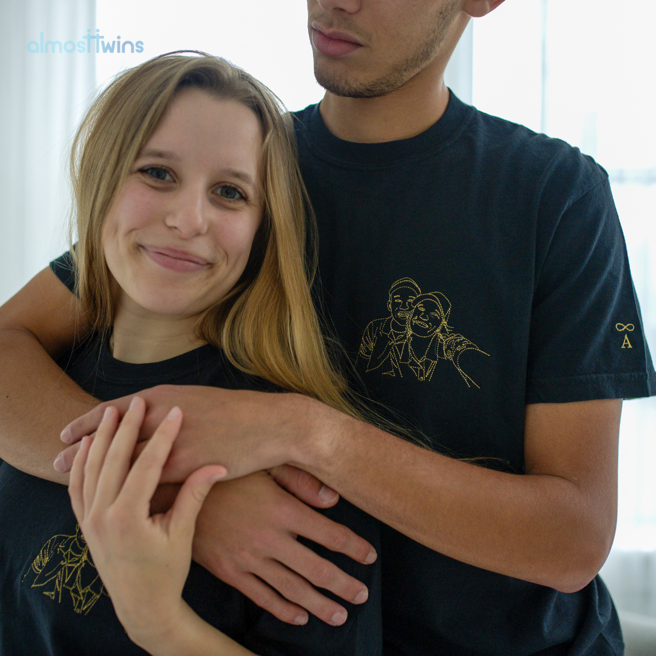 Custom memorable couple photo outline Tshirt with initial or special message on the sleeve