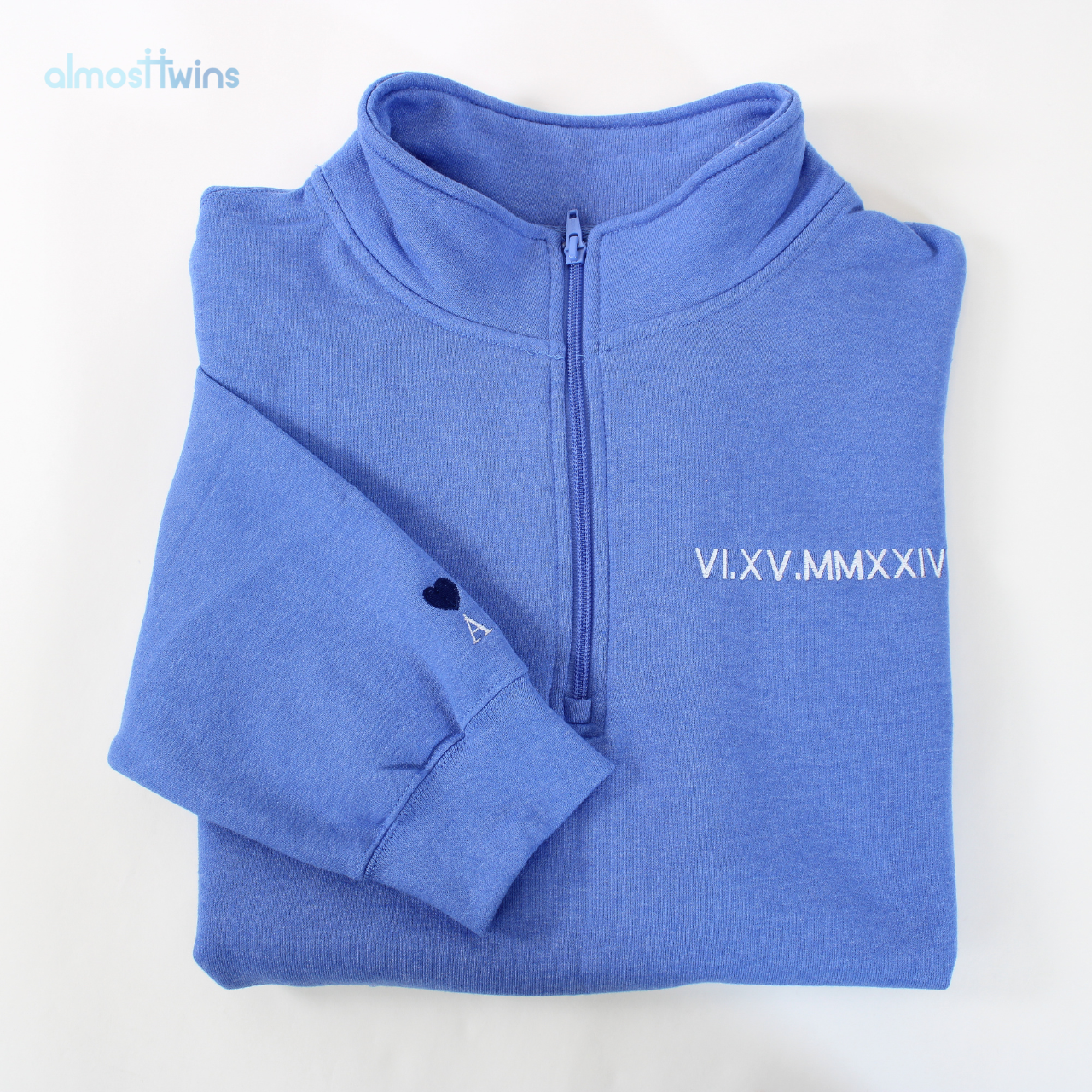 Custom Roman Numerals Quarter Zip Sweatshirt with initial and heart on the sleeve