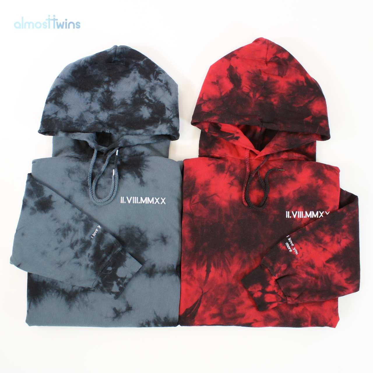 Custom roman numerals Tie Dye Hoodies with initial and heart on the sleeve