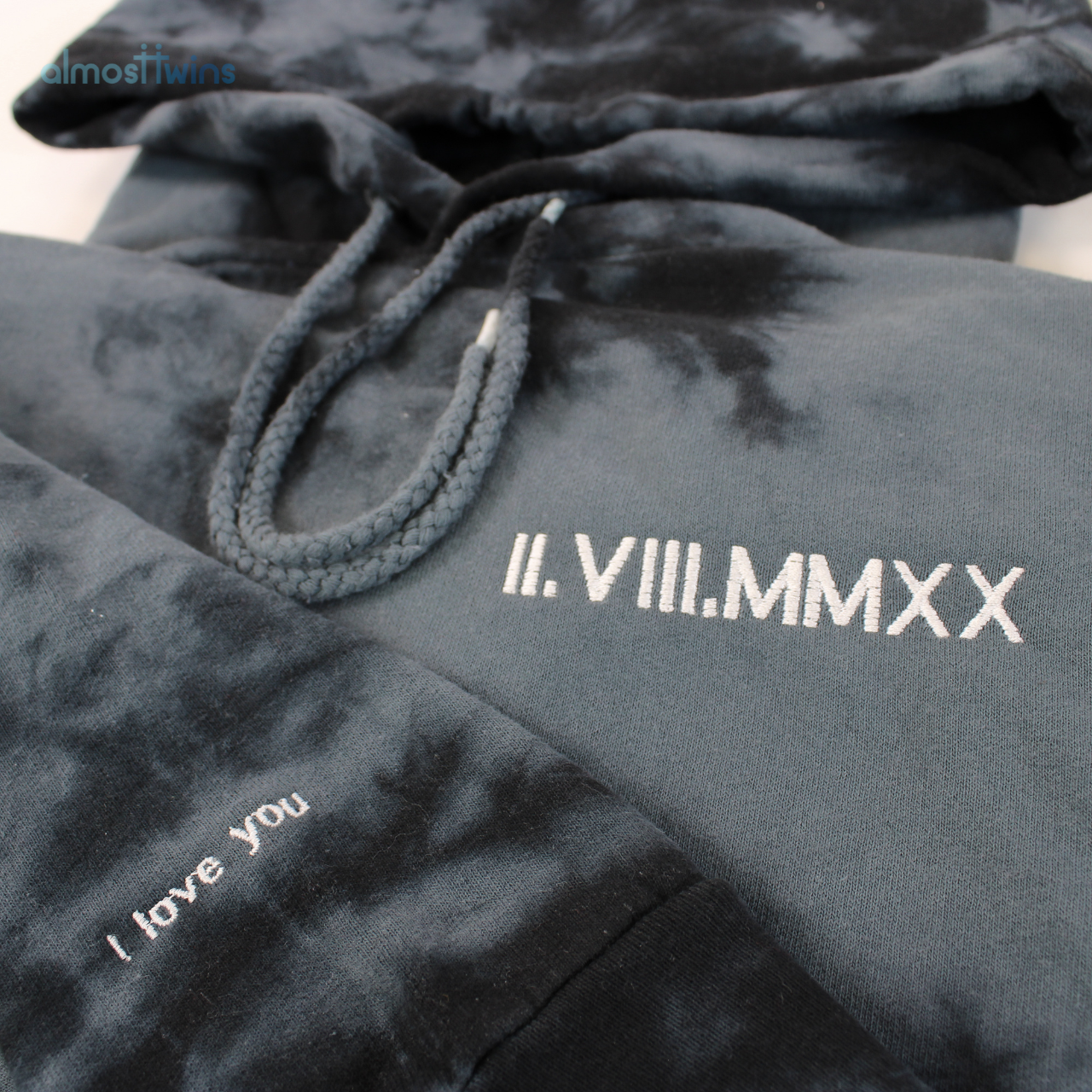 Custom roman numerals Tie Dye Hoodies with initial and heart on the sleeve