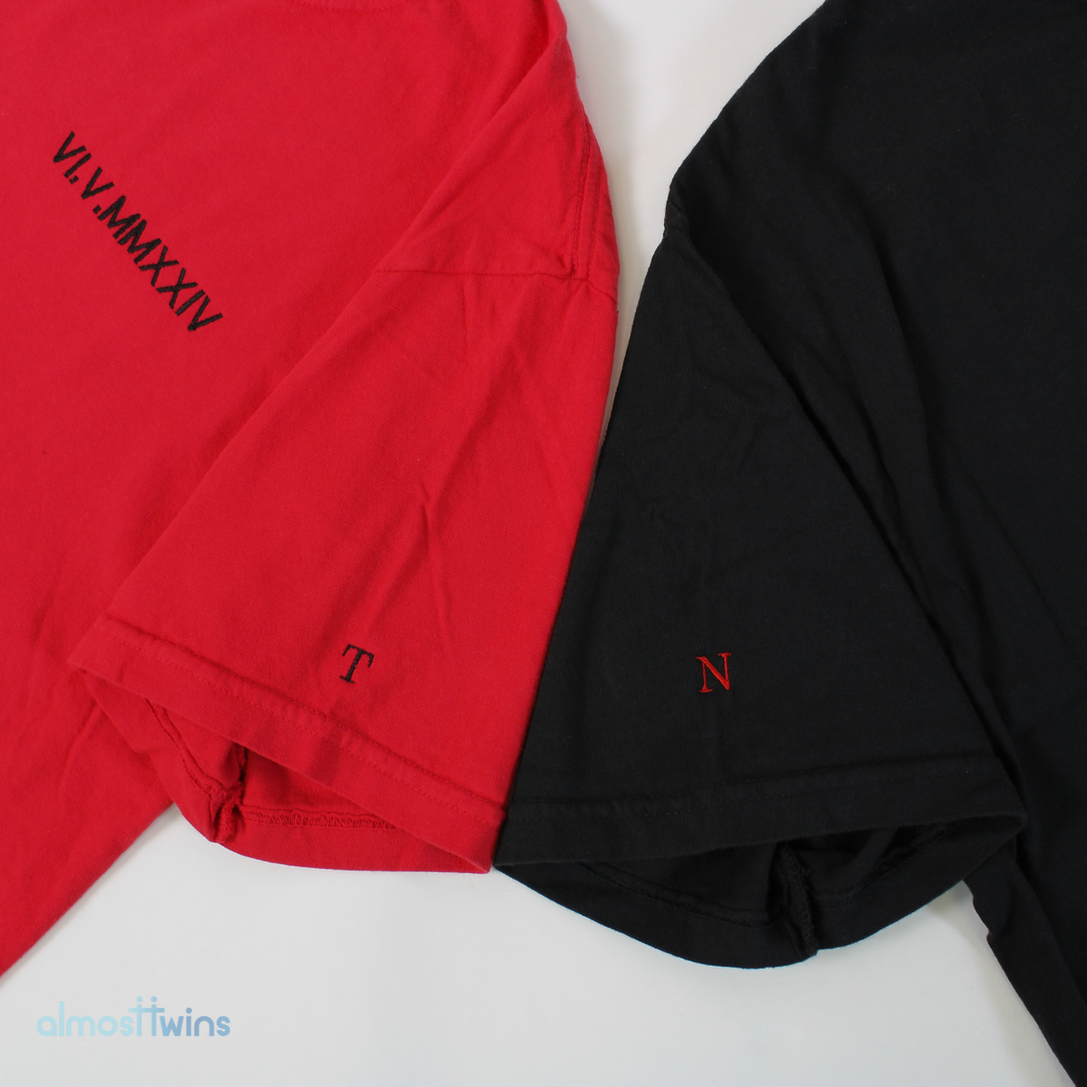 Custom roman numerals Tshirt with custom initial and heart on the sleeve for couples