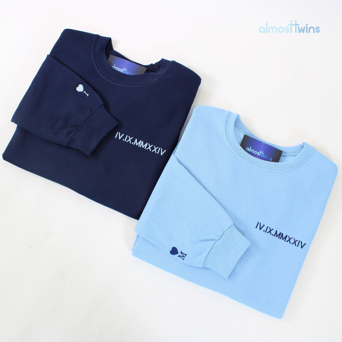 Custom roman numerals Sweatshirt with initial and heart on the sleeve for couples