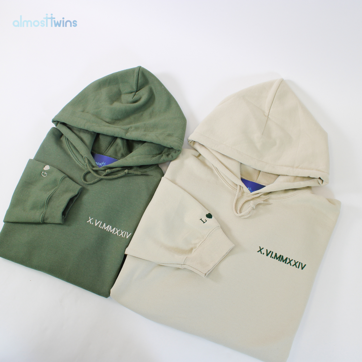 Custom roman numerals Hoodie with initial and heart on the sleeve for couples