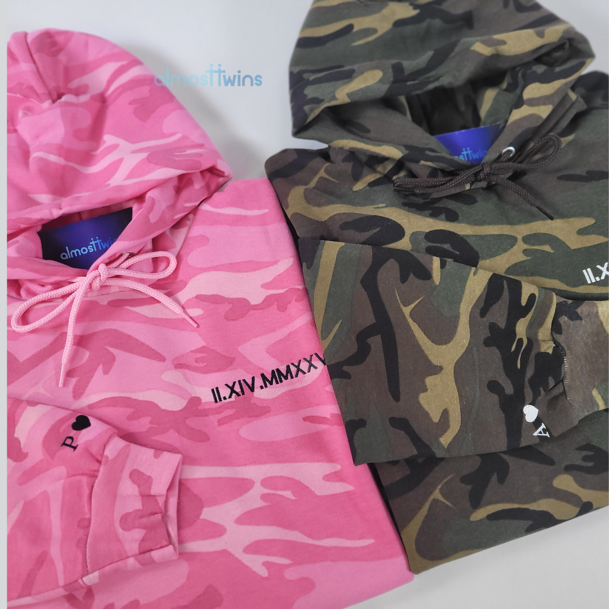 Custom roman numerals Camo Hoodies with initial and heart on the sleev AlmosT Twins