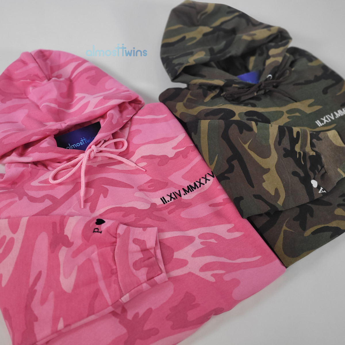 Custom roman numerals Camo Hoodies with initial and heart on the sleev AlmosT Twins