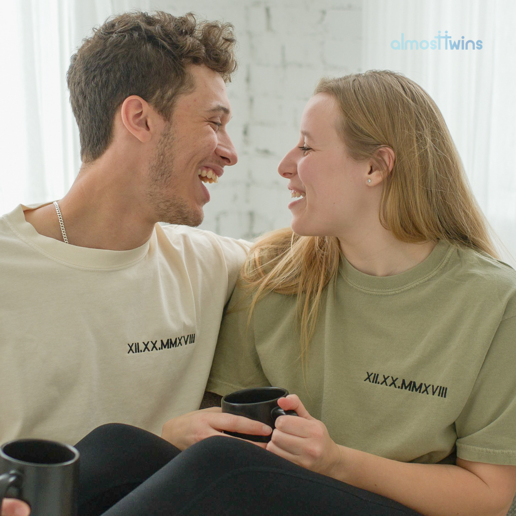 Custom roman numerals Tshirt with custom initial and heart on the sleeve for couples