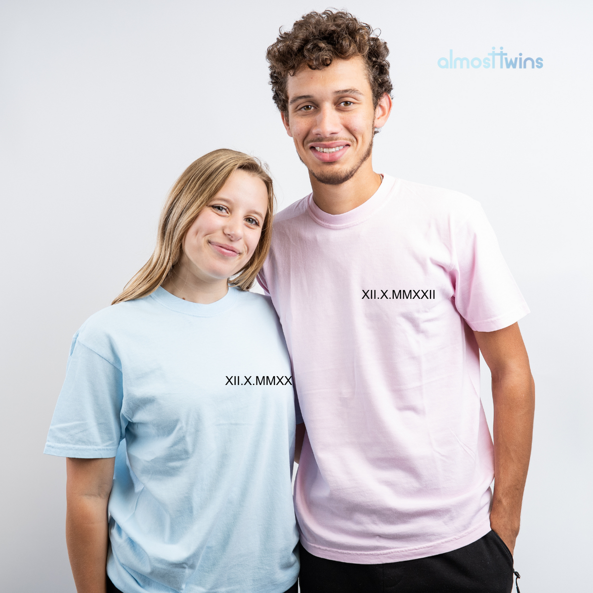 Custom roman numerals Tshirt with custom initial and heart on the sleeve for couples