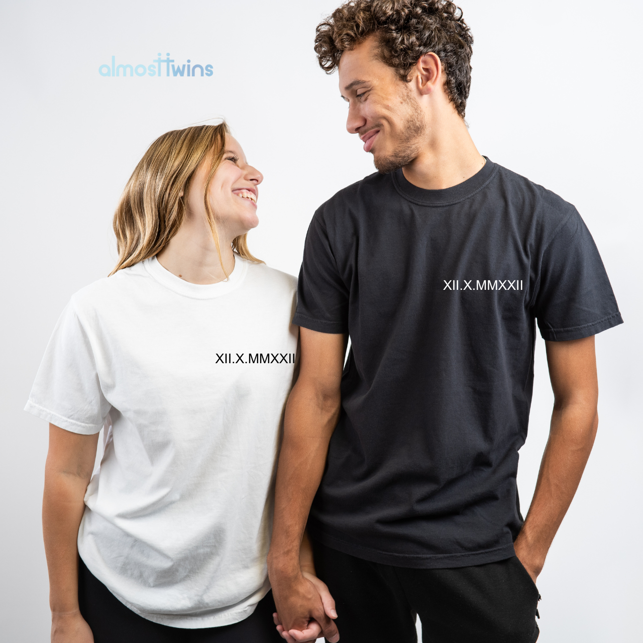 Custom roman numerals Tshirt with custom initial and heart on the sleeve for couples