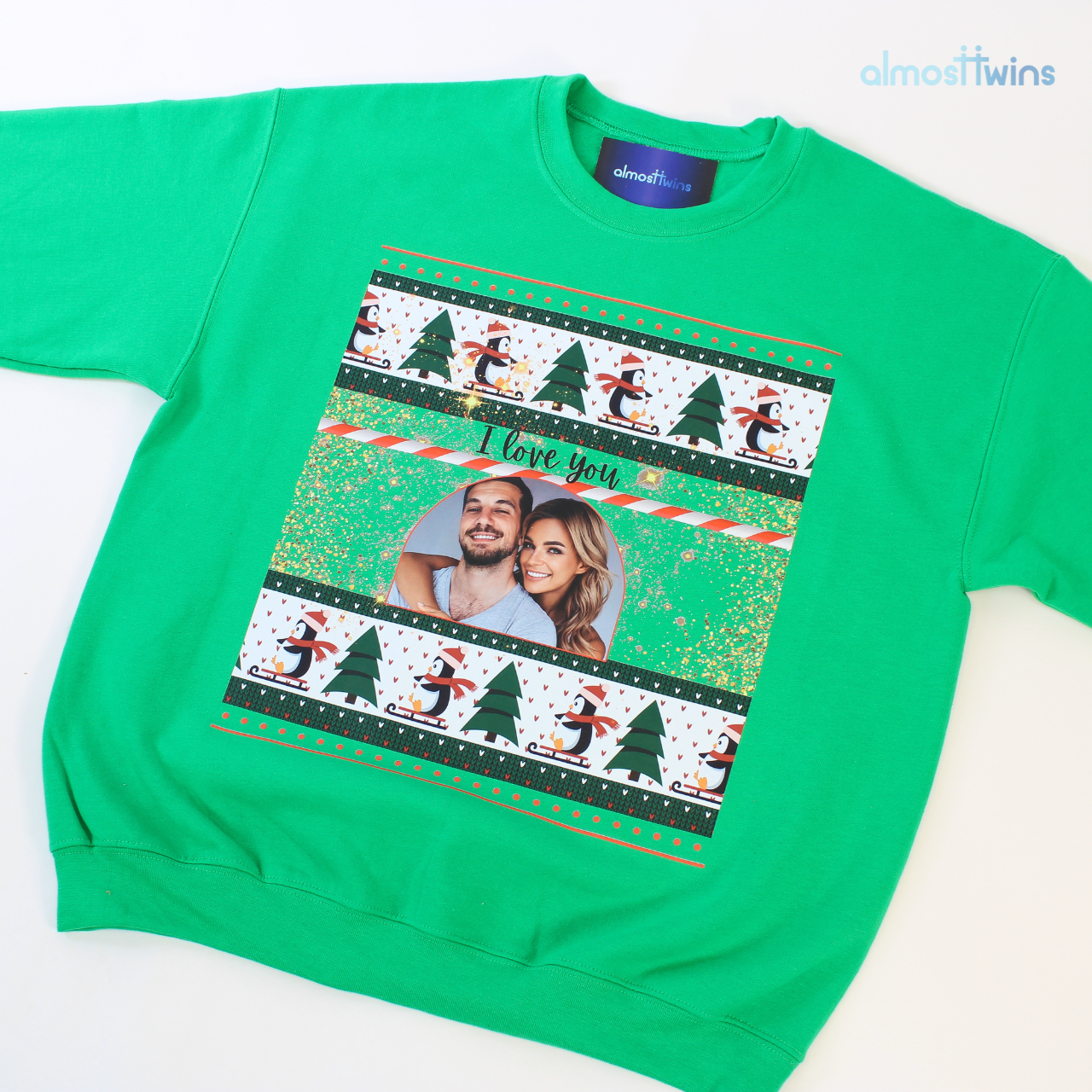 Ugly Christmas sweater with custom photo and special message for couples