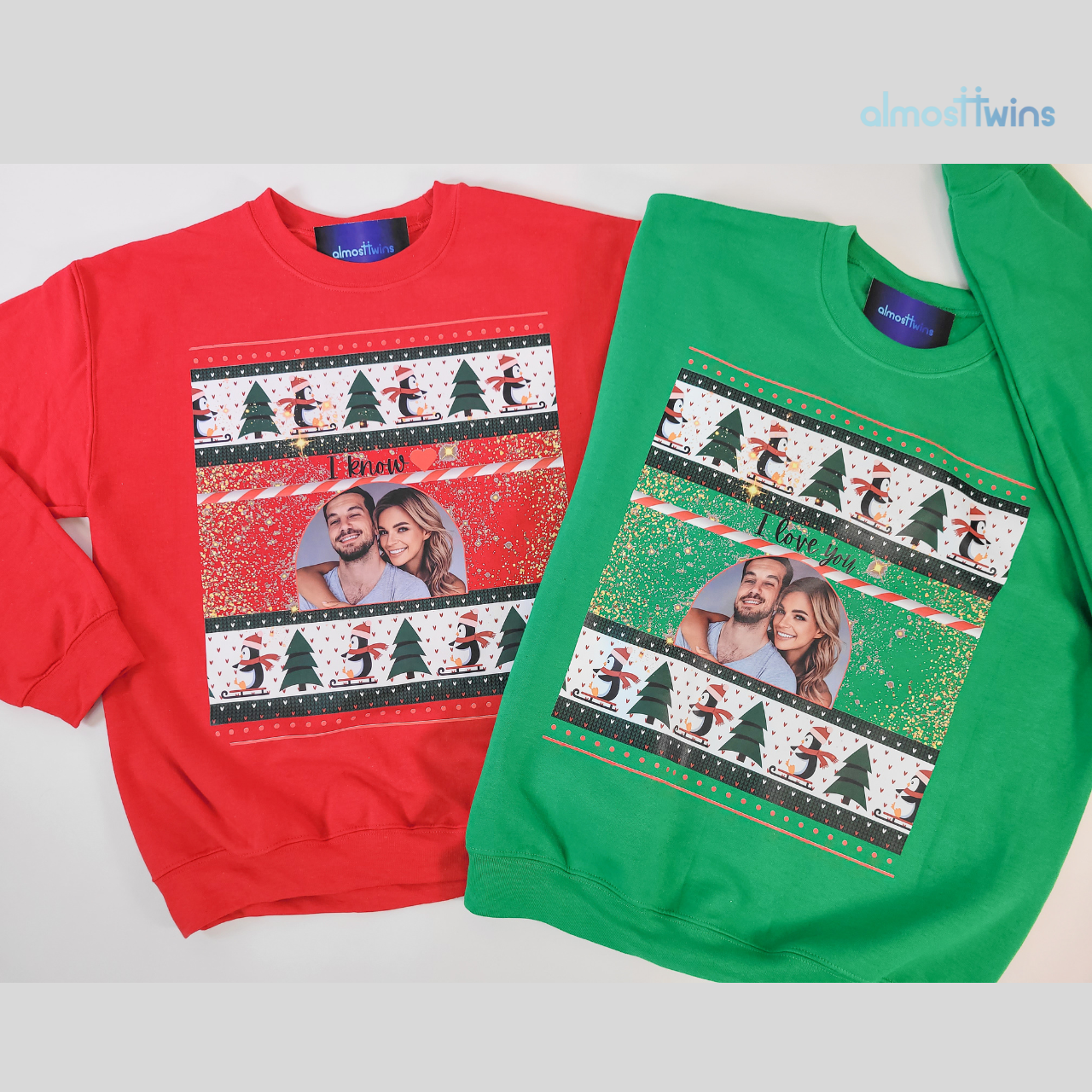 Ugly Christmas sweater with custom photo and special message for couples