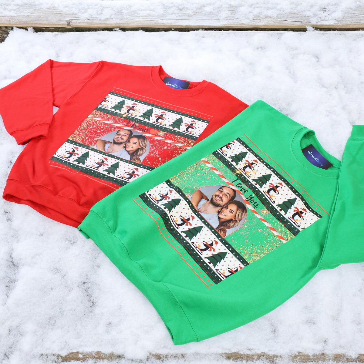 Ugly Christmas sweater with custom photo and special message for couples